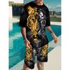 Herren 3D Goldener Tigerdruck 2-teiliges Set: Kurzarm-T-Shirt & Shorts mit Kordelzug. Kühler Animal-Print Streetwear für Sommer, Fitnessstudio & Stadtbummel