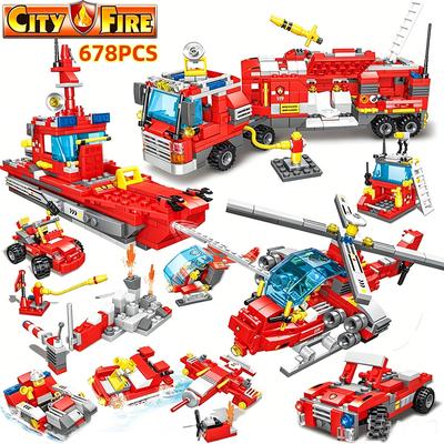 678pcs City Fire Truck Fighting Building Blocks Set, Warship Deformable Combination Car Model Figures Bricks Toys For Children