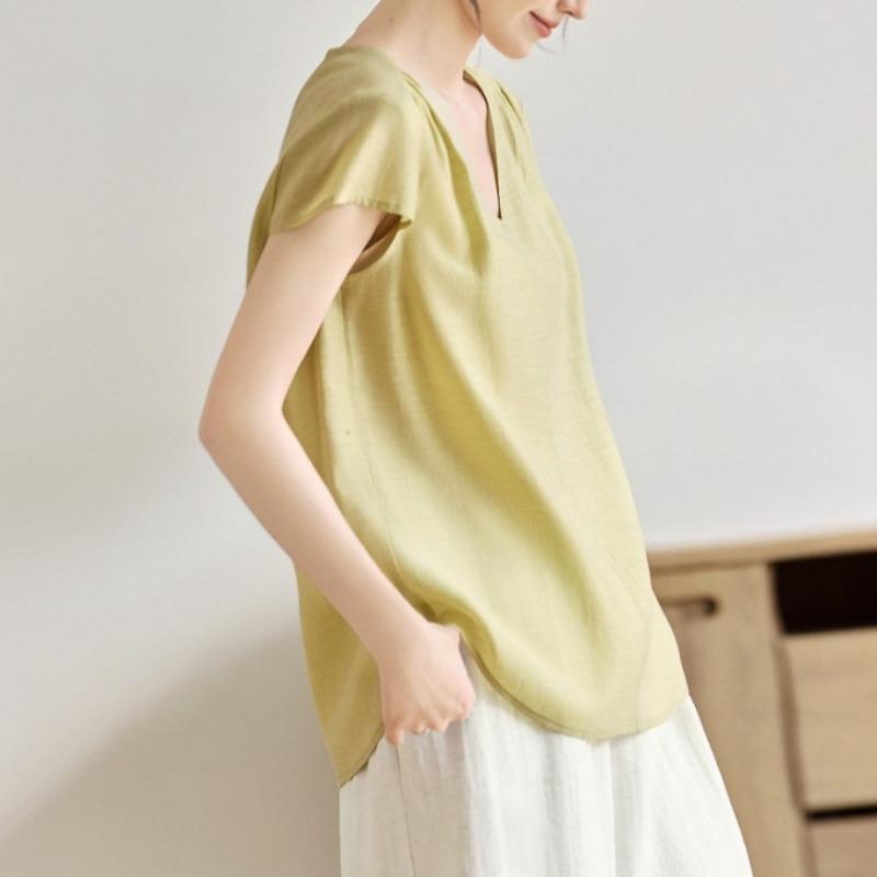 Womens V Neck Short Sleeve Solid Color Blouse