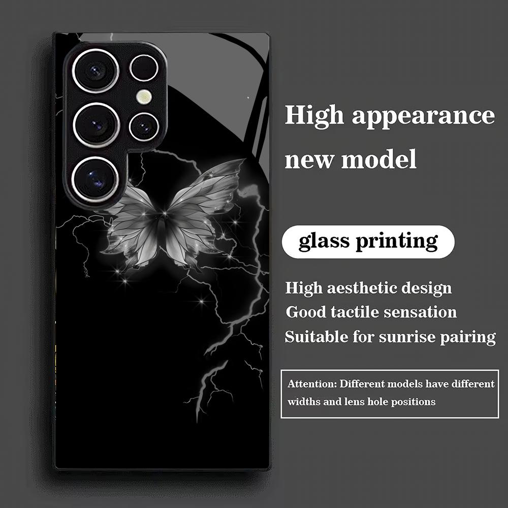 Black Butterfly Pattern Tempered Glass Phone Case Suitable for Samsung GalaxyS26 S25 S24 S23 S22 S21 S20FE/Ultra/Plus5Ganti Drop