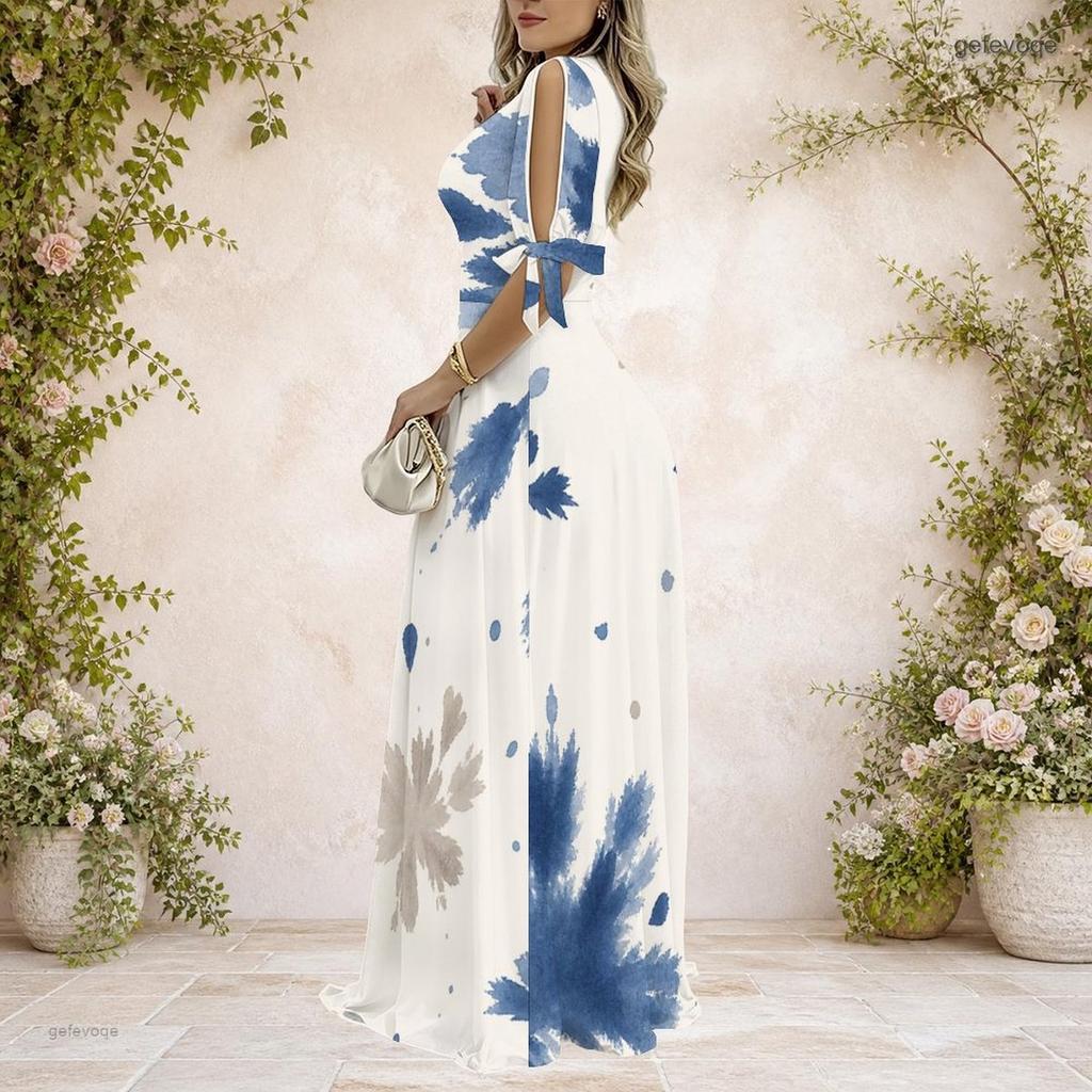 Plus Size Women V Neck Cold Shoulder Tie Cuff Short Sleeve Printed A Line Maxi Dress