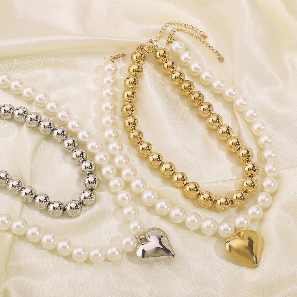 Layered Faux Pearl Necklace Gold-Tone Heart Pendant, Imitation Pearl Zinc Alloy Bead Chain, Statement Stackable Choker For Women Daily Wear & Gifting