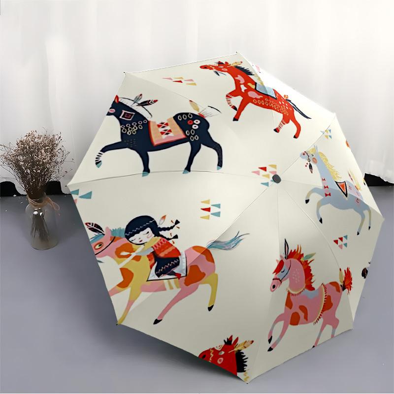 1pc Horse Pattern Automatic Folding Umbrella - Compact 8-Rib Design, Durable Plastic & Iron, Lightweight for Outdoor Daily Use093