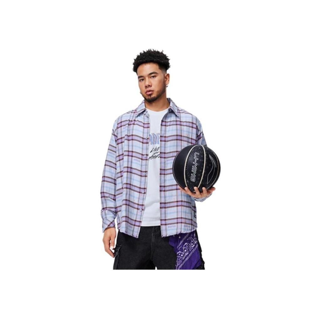 Li Ning Badfive Loose Knit Sports Cardigan Long Sleeve Shirt Men tops Blue Purple Plaid ASHU475-1