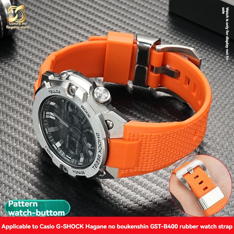 for Casio GST-B400 Series Rubber Waterproof Sports Strap Steel Heart Upgraded Steel Ring Pattern Buckle Strap
