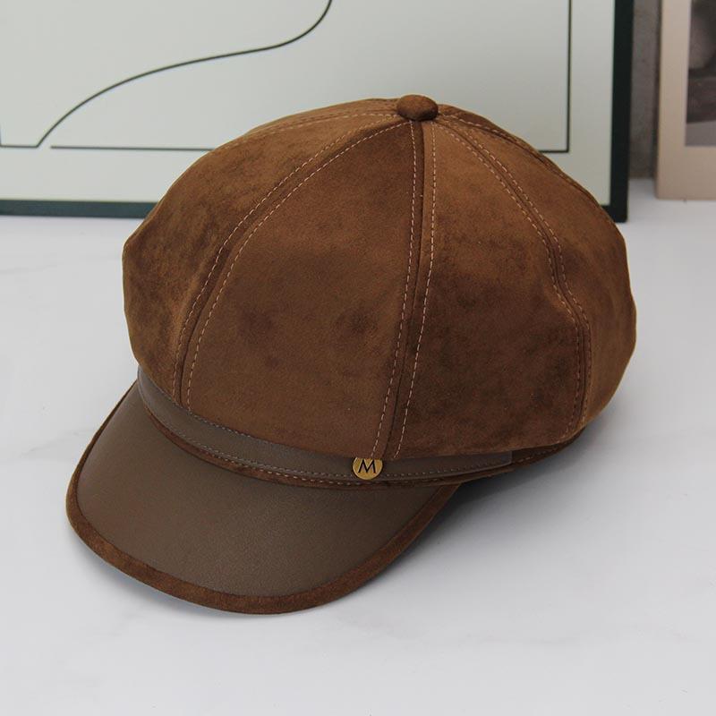 Autumn and winter new suede octagonal hat women's M metal label belt newsboy hat British retro versatile painter hat