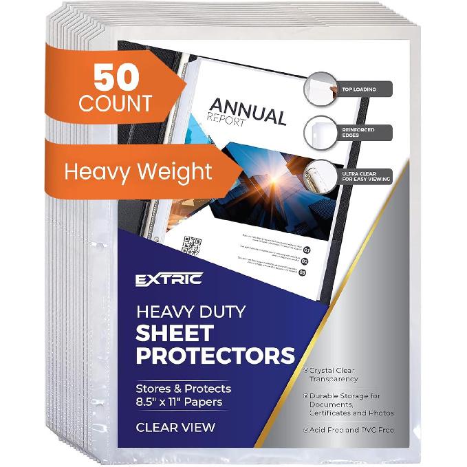 Heavy Duty Sheet Protectors for 3 Ring Binder, 50 Count Clear Page Protectors, Top Loading Plastic Sleeves 8.5 x 11 inch (Heavy Duty, 50) Heavy Duty, 50 Pack