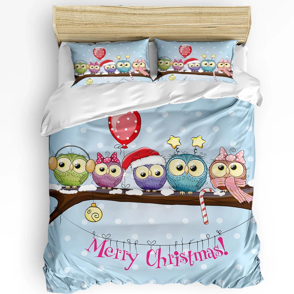Christmas Cartoon Owl Duvet Cover Bed Bedding Set For Double Home Textile Quilt Cover Pillowcases Bedroom Bedding Set (No Sheet)