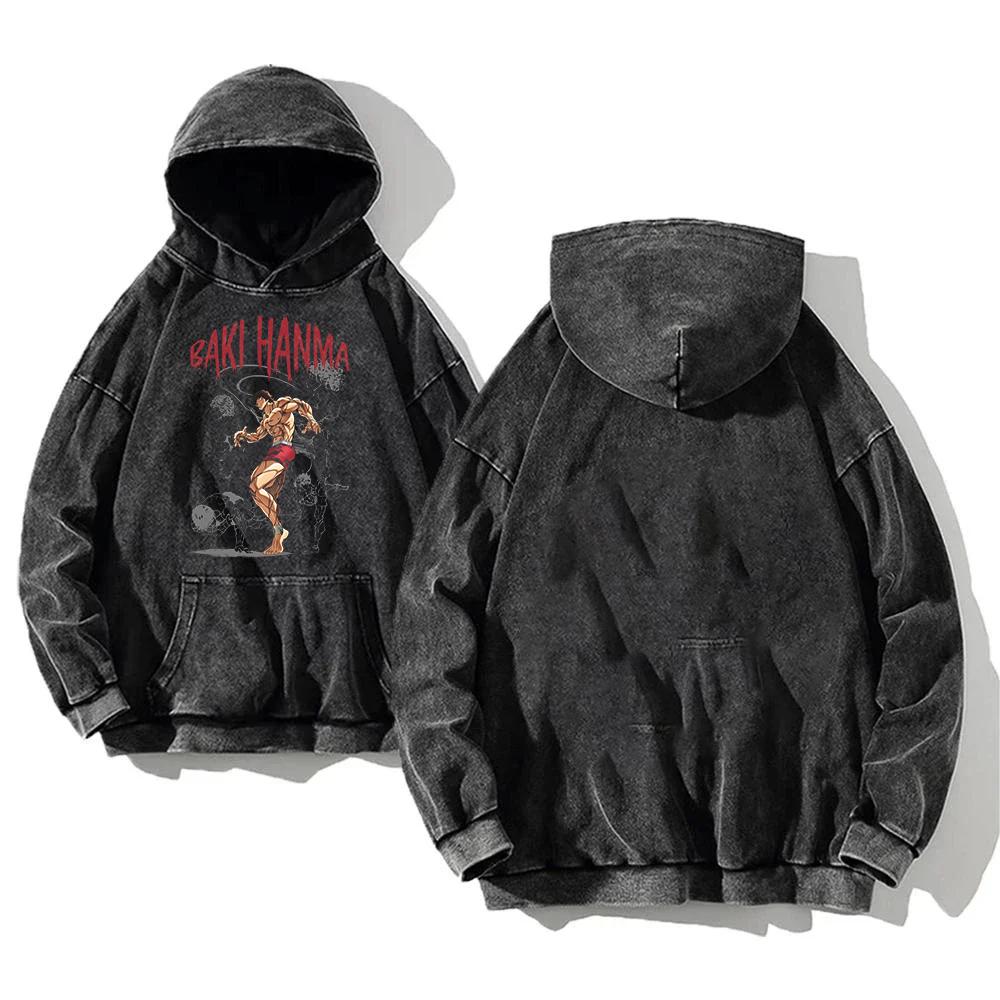 Baki Manga Graphic Hoodie Vintage Washed Oversized Streetwear Fall Winter Cotton Long Sleeves Sweatshirt Men's Women's Clothing