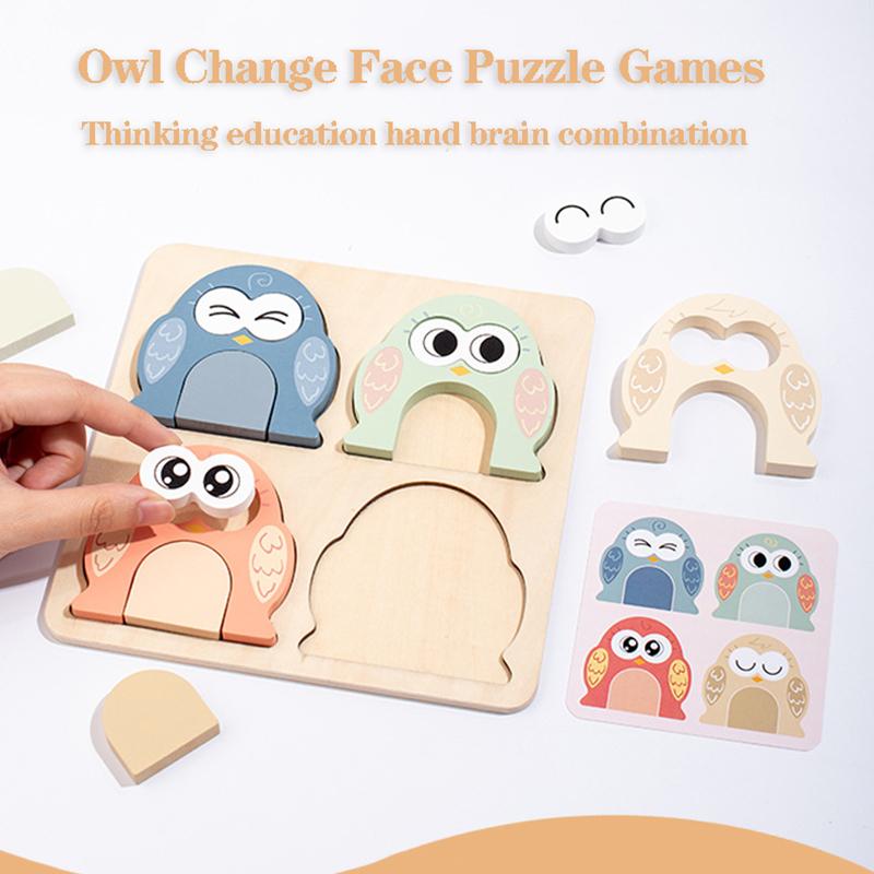 Owl Tangram Montessori Puzzles Toys Face Change Expression Shape Matching Games Intelligence Educational Wooden Toys for Kids