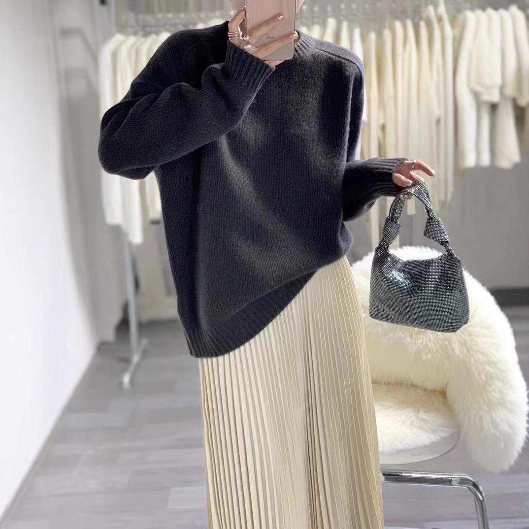 

Женский свитер из 100% чистой шерсти с круглым вырезом - Утепленный осенне-зимний трикотаж свободного кроя, с дизайном плеча реглан. Extra Large темно-серого