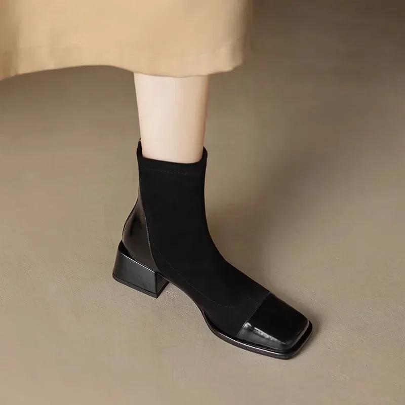 Dámská móda Čtvercová špička Robustní podpatek Krátké boty Nové Podzim Zima Stručné Elastické Úzké Vysoké podpatky Boty Zapatos De Mujer