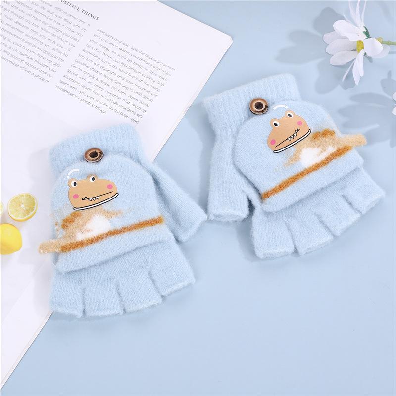 Children's Flip-top Gloves Cute Cartoon Dinosaur Boy Baby Kindergarten Winter Warm Half-finger Wool