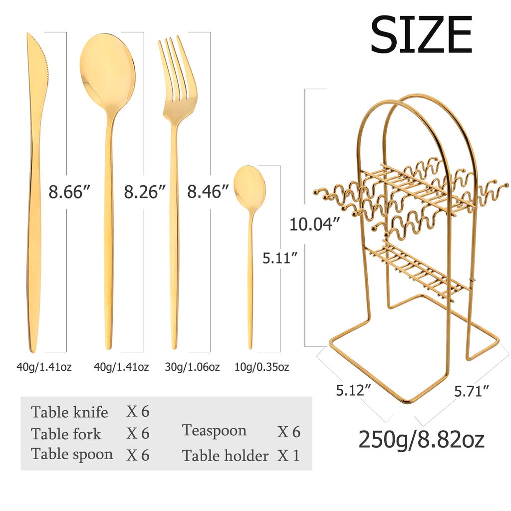 Jankng Gold 24Pcs Western Dinnerware Stainless Steel Daily Cutlery Set Knife Fork Coffee Spoon Tableware Set With Storage Rack