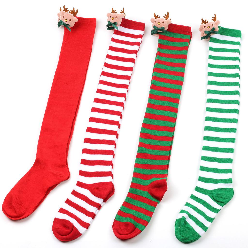 Women Cartoon Plush Elk Bowknot Striped Over Knee Long Socks Thigh High Stockings for Christmas Cosplay Costume Hosiery