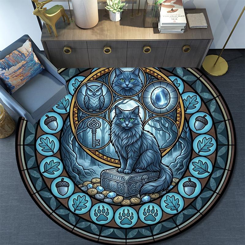 Glass Cat Mandala Round Area Rug Under Office Chairs Bedroom Living Room Home Decor