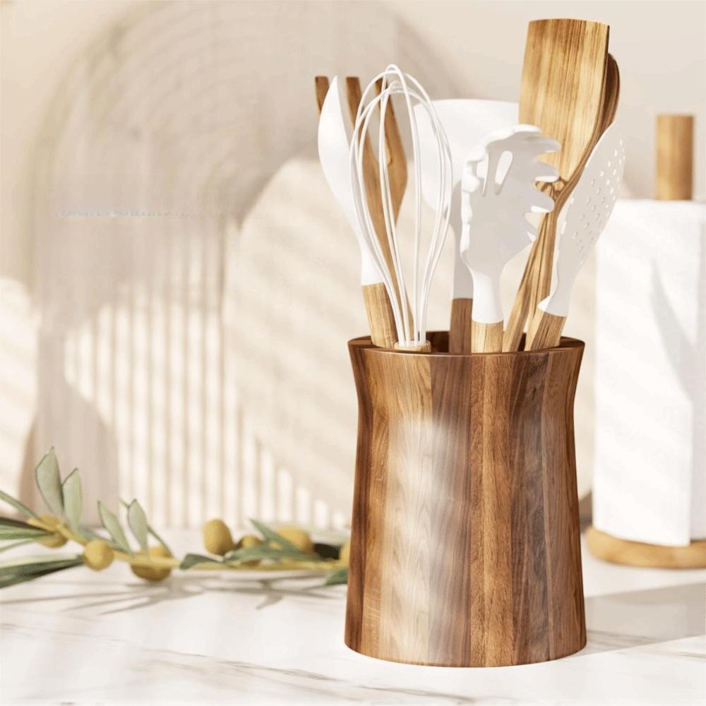 Wooden 360-Degree Rotating Utensil Holder Trapezoidal Smooth Surface Cutlery Storage Box Farmhouse Style Dinnerware Rack