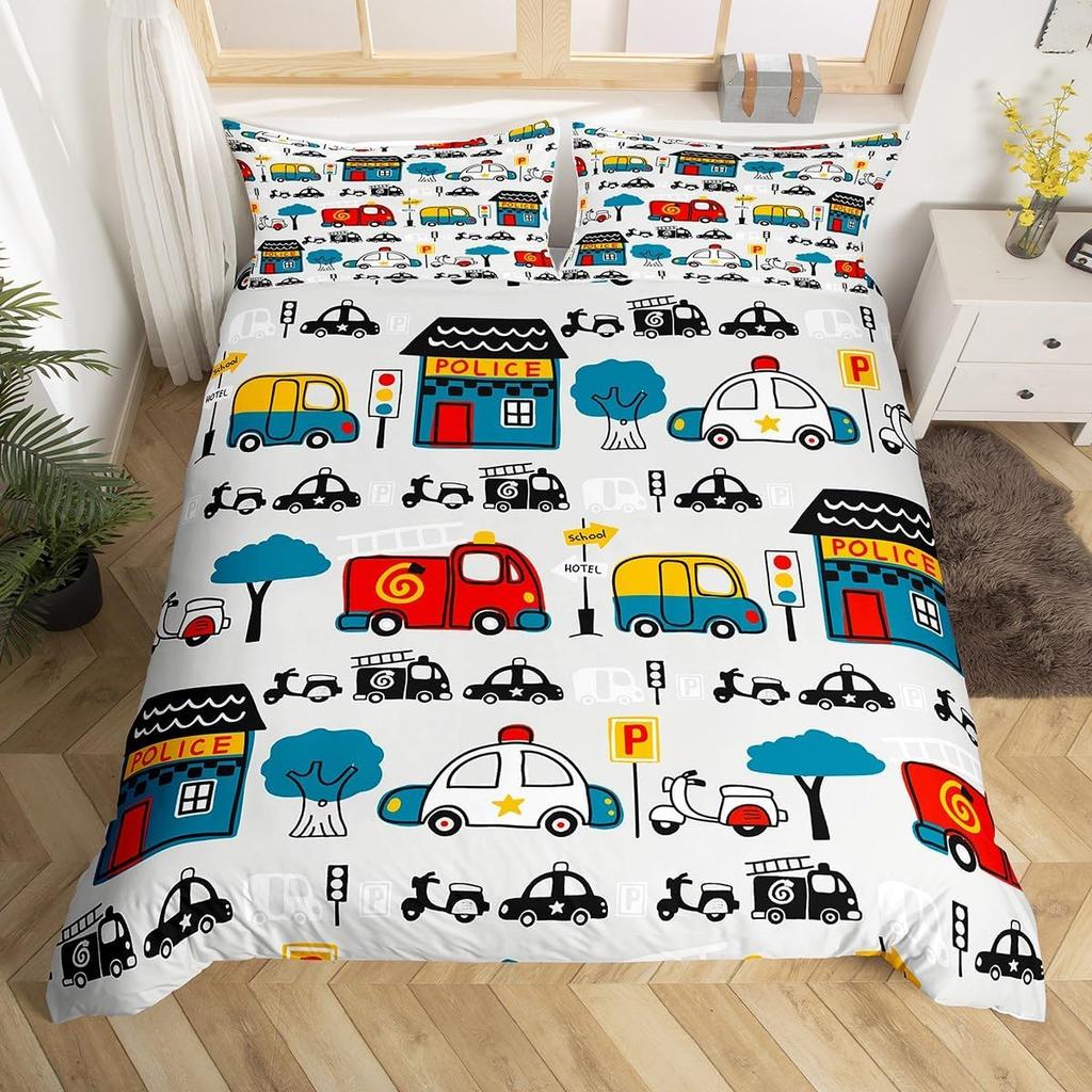 Cartoon Fire Engine Duvet Cover Full Queen King Red Car City Rescue Vehicles Bedding Set, Watercolor Flame Print Comforter Cover