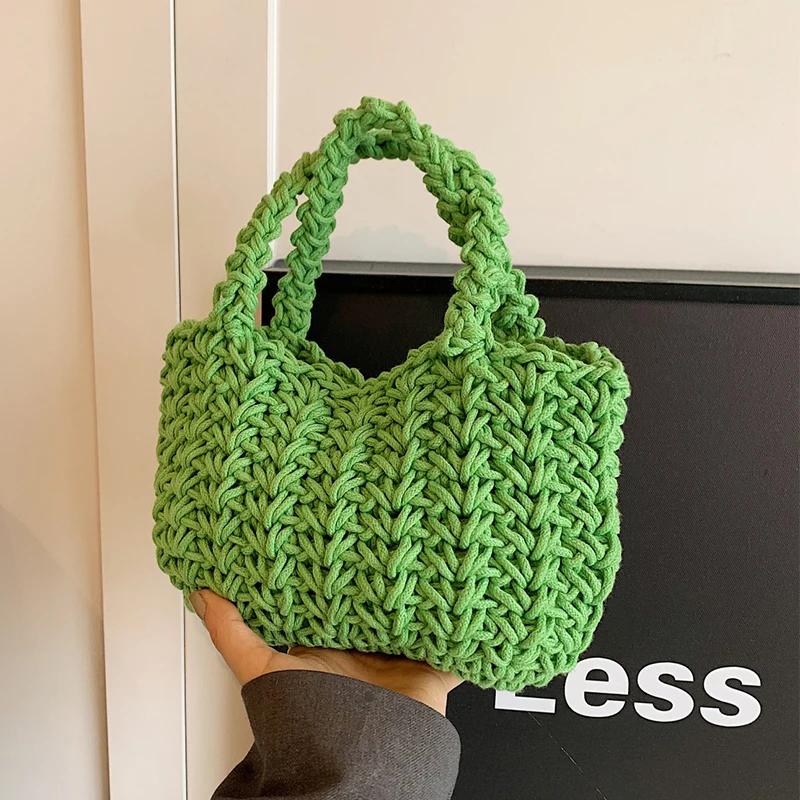Knitting Basket Bag Women Handbag  Summer Beach Bag Boho Polyester Rope Handmade Woven Bag Female Designer Hand Bag