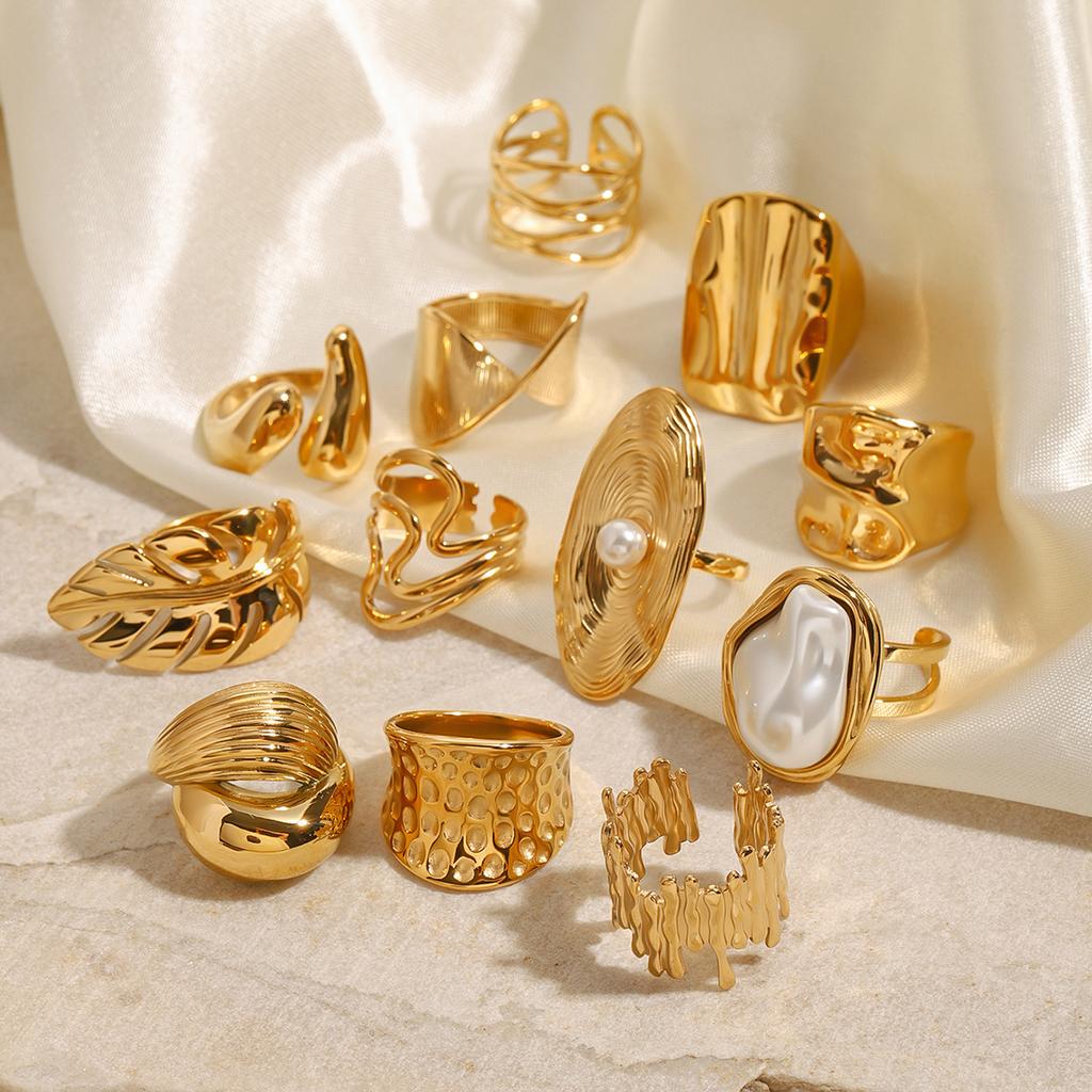 Uworld Fashion Pearl Leaf Ring Stacked Texture Strip Gold Color Adjustable Ring Women's Jewelry Gift For Her