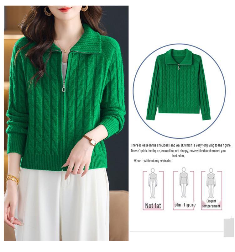 Petite Zipper Knit Lapel Cardigan Coat for Women - Short Style, Suitable for Spring, Autumn, Winter.
