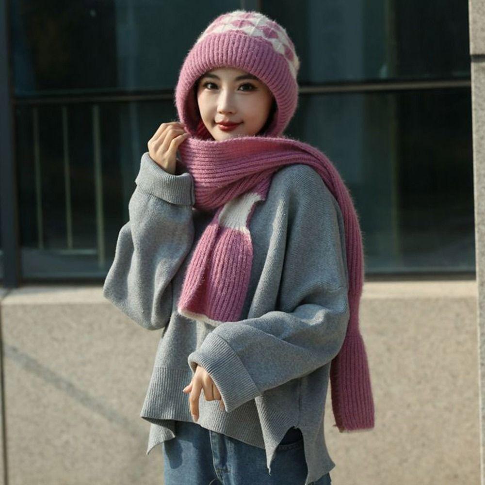 Thickened Knitted Hat Scarf Windproof Ear Protection Cap Casual Beanie Hat for Women