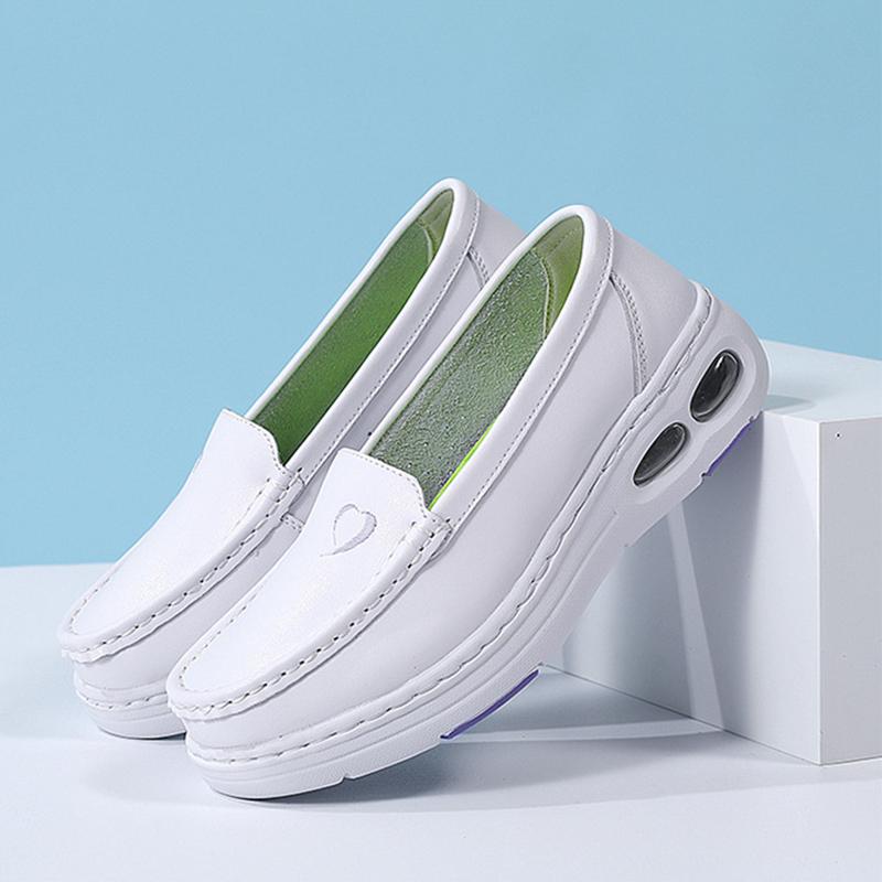 Women Massage Insole Genuine Leather Hollow Breathable Anti-Slip Swing Shoes Half Palm Air Cushion Platform Nurse Work Shoes