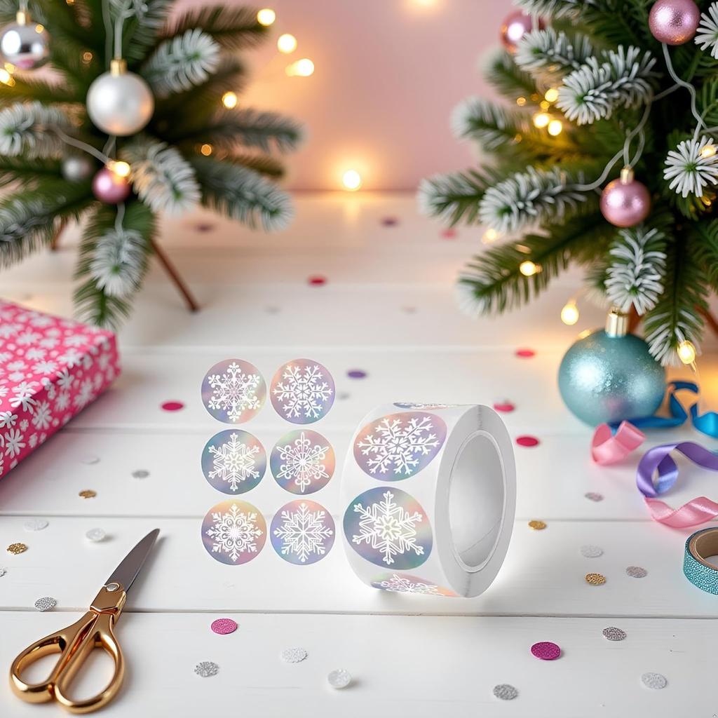 500 Pcs Holographic Snowflake Stickers,Christmas Adhesive Stickers Colorful Round Label Sticker for Envelope Cookie Candy Box (3.8cm)
