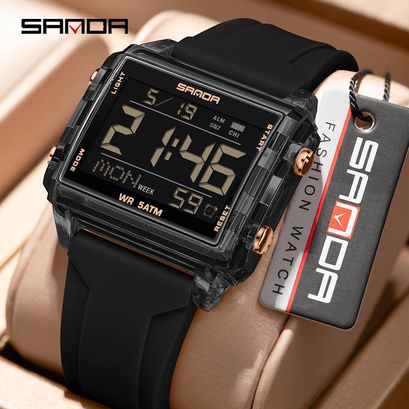 Sanda Waterproof Luminous Sports Watch: Square, Transparent Timer for Students