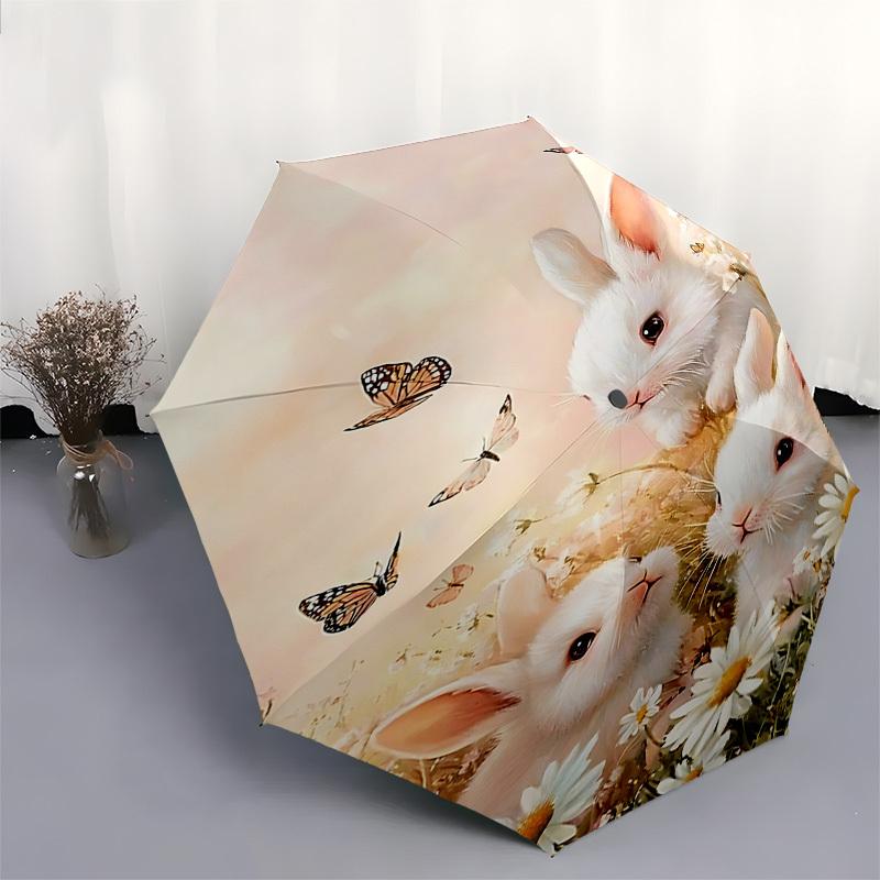 1pc Rabbit Flowers Umbrella Automatic Open/close, 8-Rib Durable Frame, Compact Folding Design, Ideal Birthday/Holiday Gift  1173A