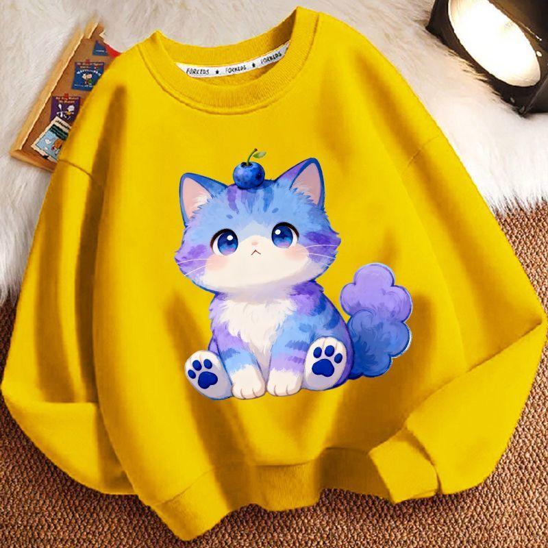 Children's Fashionable Cartoon Kitten Hoodie for Autumn and Winter, Casual Long-sleeved Round-neck Top for Boys and Girls