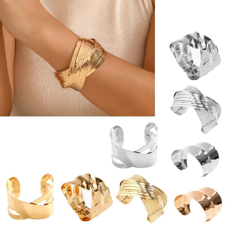Modern Punk Bracelet Metal Bangles Geometric Arm Bracelet Wide Wrist Jewelry Metal Texture Present for Women and Girls