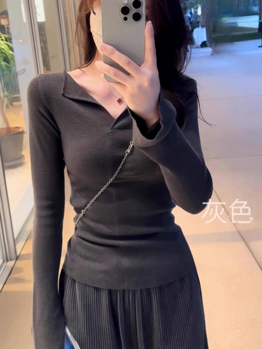 

Spring lapel slim-fit Spice Girls wind-neck knitted bottoming shirt women s long-sleeved top with sweater inside L темно-сірий