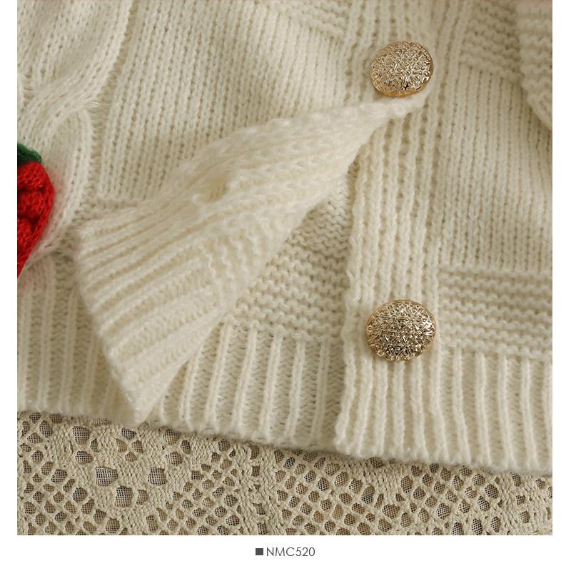Korean Style Strawberry Embroidered 3D Crochet Cardigan - Women's Chunky Knit Long Sleeve Autumn 2026
