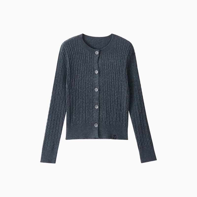 

Женский кардиган из шерсти, вязаный косами, с круглым вырезом Medium серый