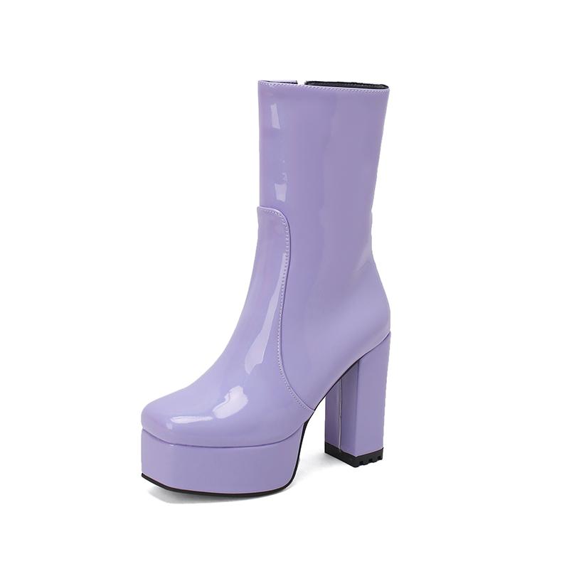 

Shiny Patent Leather Material Square Toe Highthick Heel Plush Inner Lining Short Boots Platform Sewing Zipper Women s Ankle Boot 41 лавандовий