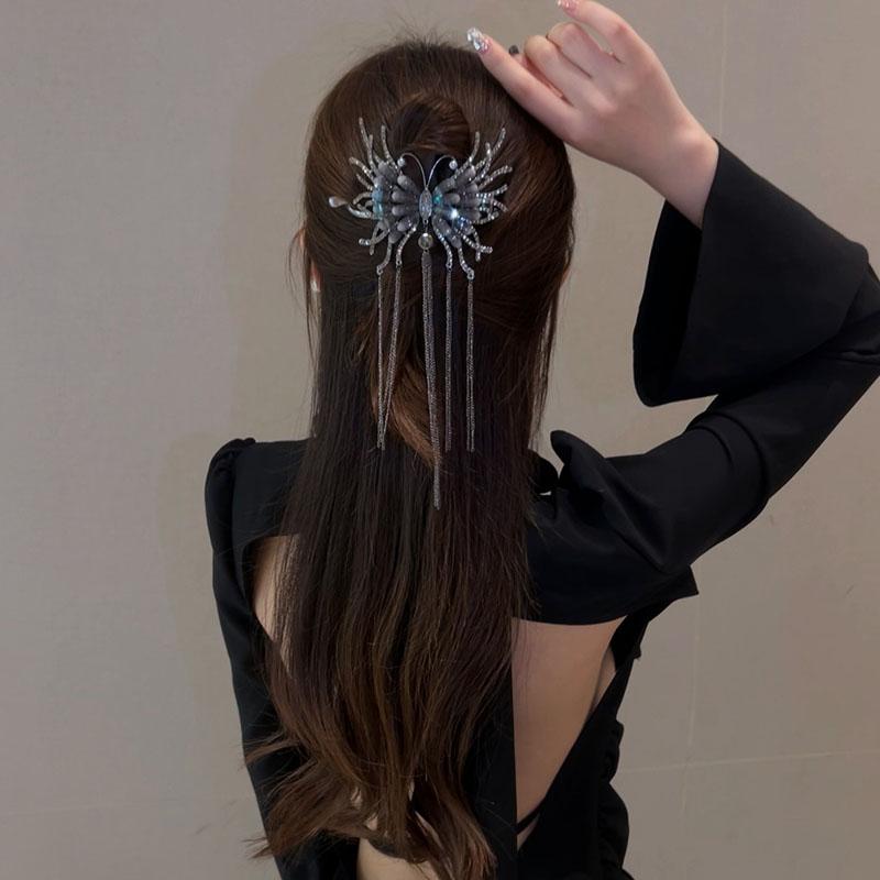 Luxury Vintage Rhinestone Butterfly Metal Chain Tassel Hair Clips Dark Style Ponytail Hairpins Twist Clip Women Hair Accessories