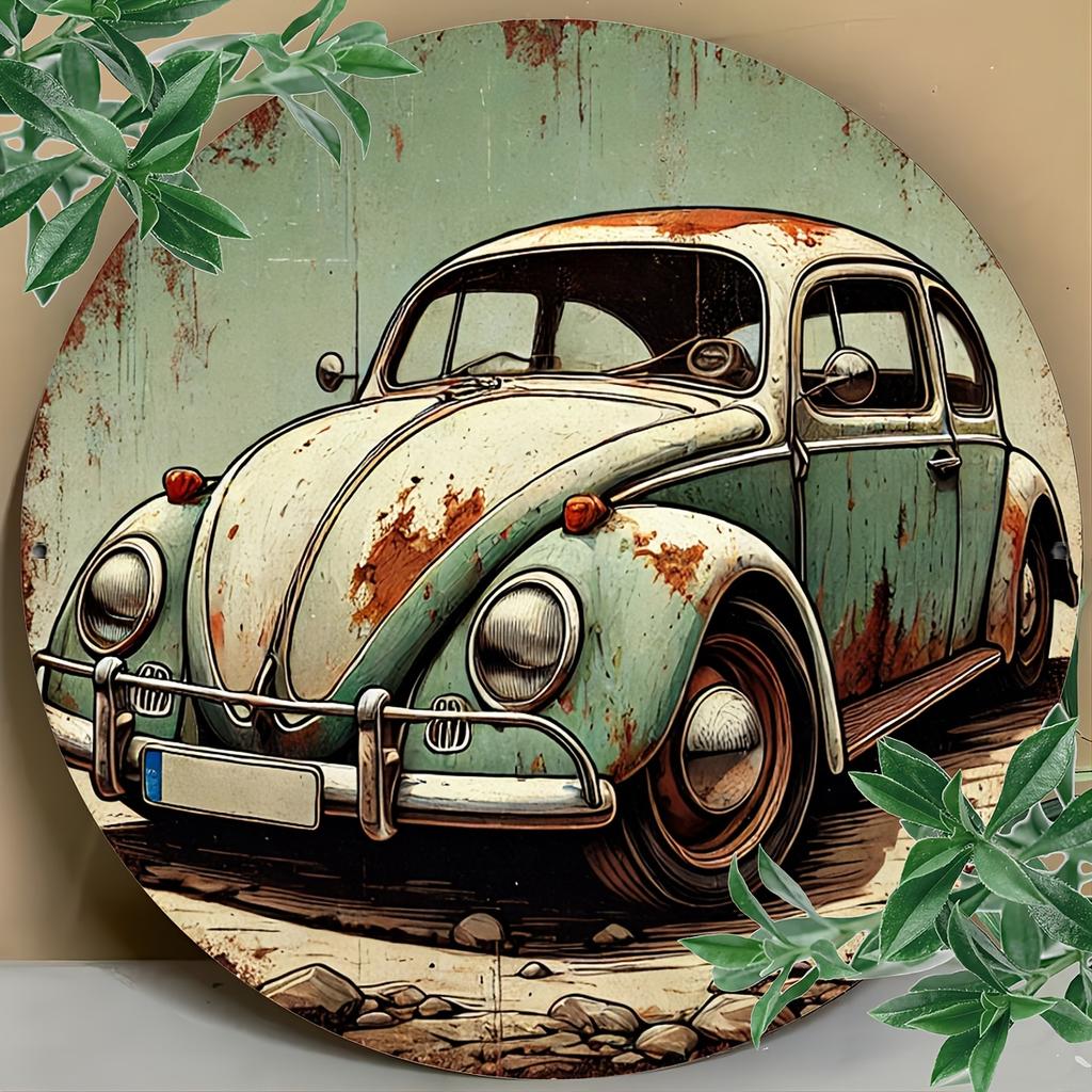 Vintage Rust Beetle 8x8 Inch Round Aluminum Sign