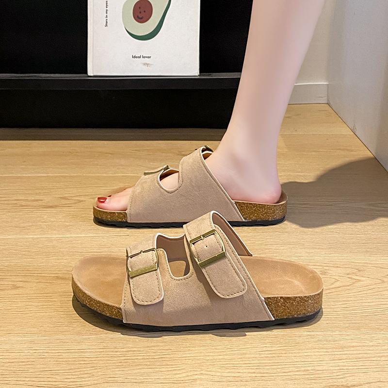 Fashion Women's Fashion Flat Sandals Summer New Round Head Open Toe Metal Buckle Thick Sole Non-slip Slippers