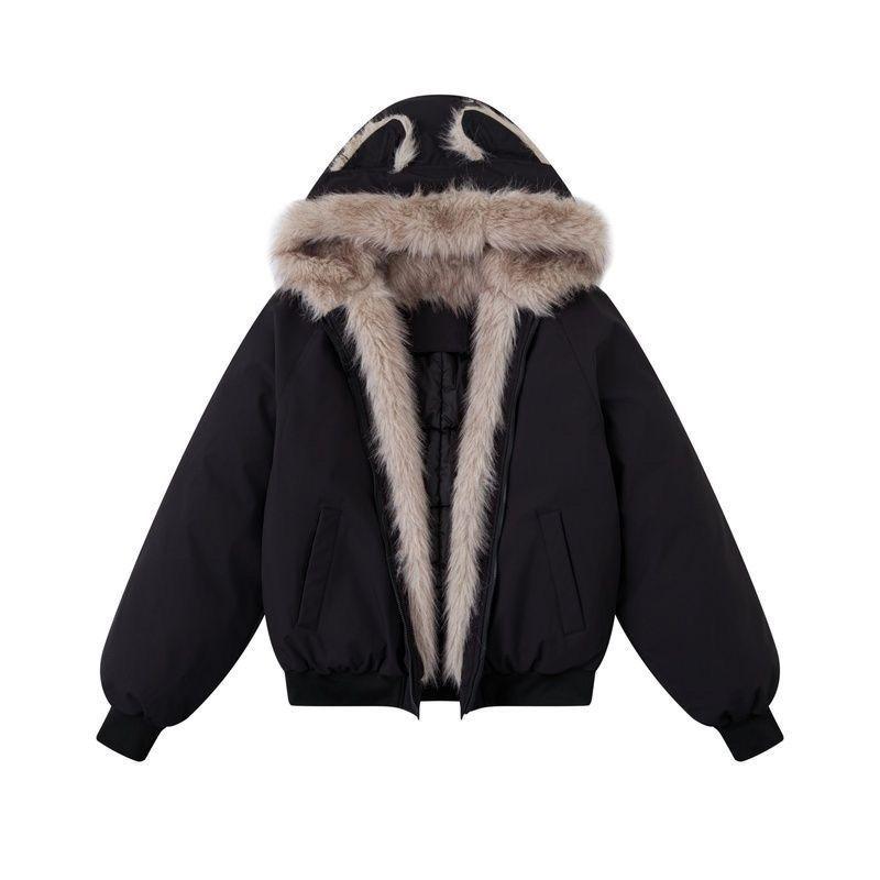 American Style Winter Cotton Jacket Cat Ear Faux Fur Hooded Coat Thicken Fleece Lined