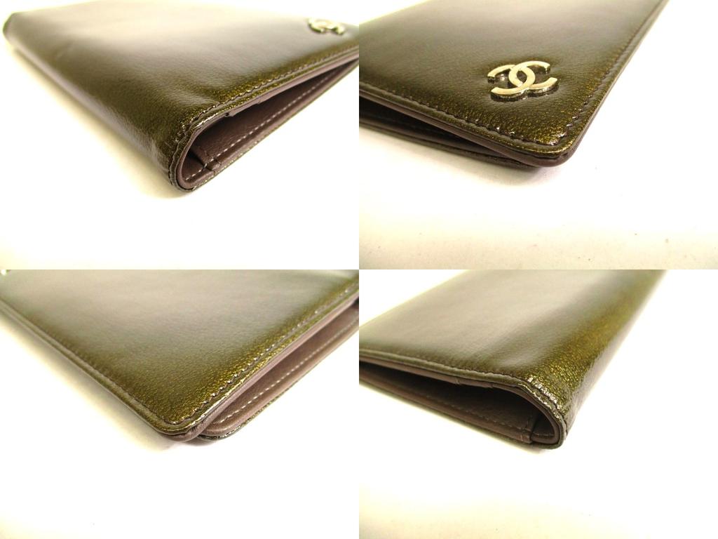 Authentic CHANEL CC Logo Olive Green Patent Leather Bifold Flap Long Wallet #a052  Open box