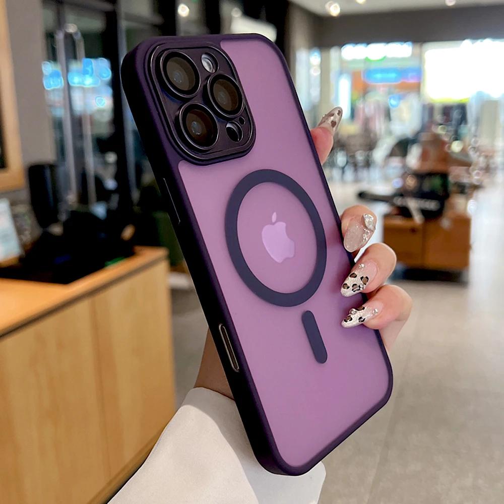 Coque translucide mate pour iPhone 16 15 14 13 12 11 Pro Max Plus 16Pro Pour Magsafe Charge sans fil Magsafe Protection d'objectif Housse iPhone 15 Pro violet