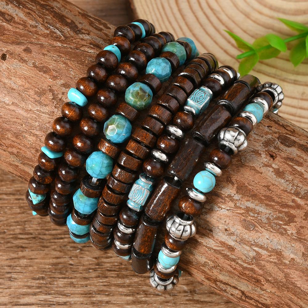 DIEZI 7 Stück/Set Böhmische Holzperlen Türkis Strang Armbänder Herren Damen Handgemacht Elastisches Seil Armband Armreif Pulseira Feminina