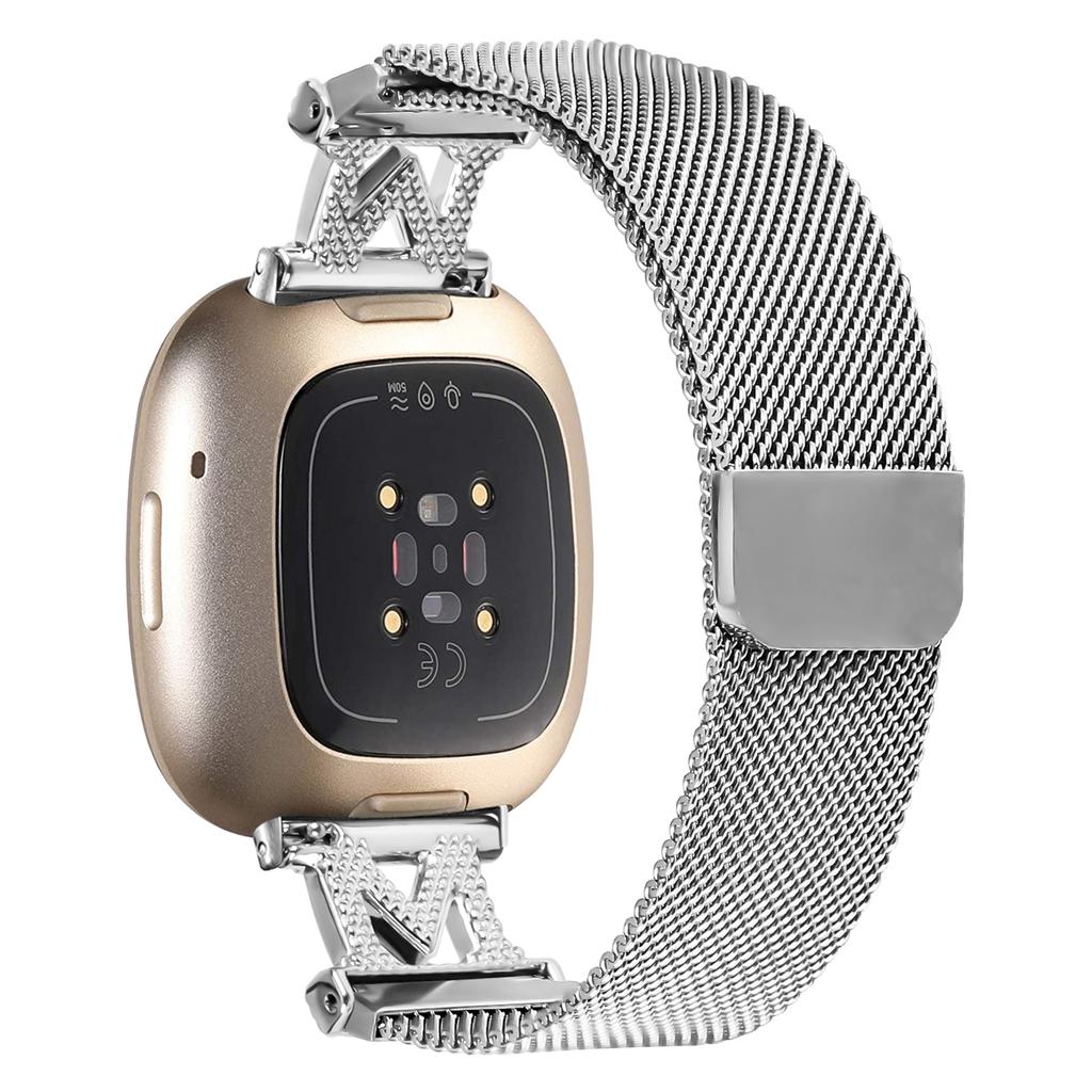 For Fitbit Versa 4/Sense 2 Bands Stainless Steel M-Type Milanese Watch Band Silver Wrist Strap