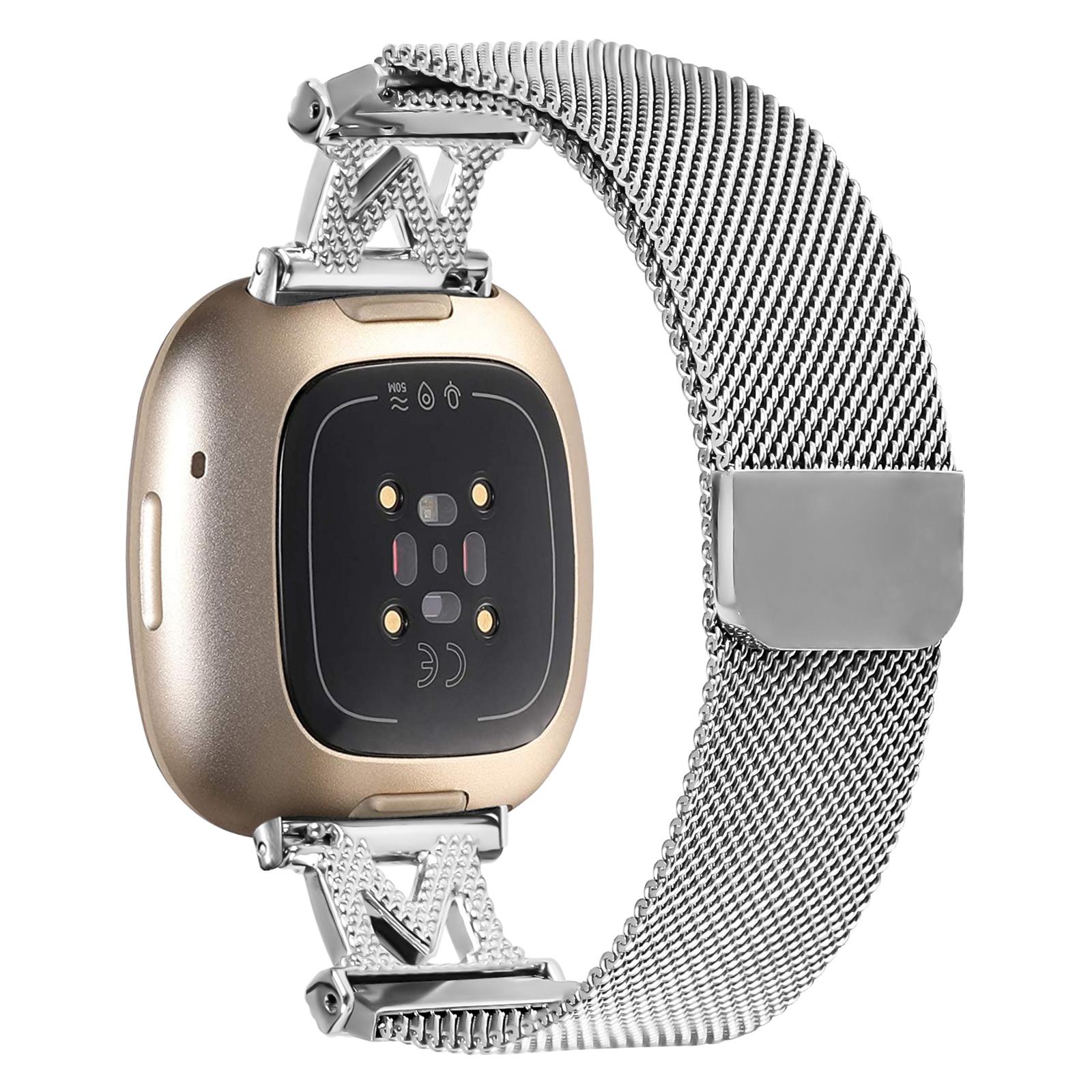 

For Fitbit Versa 4/Sense 2 Bands Stainless Steel M-Type Milanese Watch Band Silver Wrist Strap As shown A
