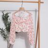 Spring Casual French Floral Blouse Women Elegant Vacation Bohemian Ruched Tops Slim Elastic Print Shirts