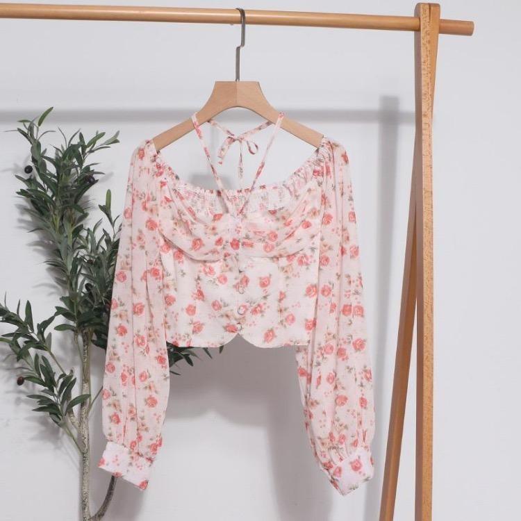 Spring Casual French Floral Blouse Women Elegant Vacation Bohemian Ruched Tops Slim Elastic Print Shirts