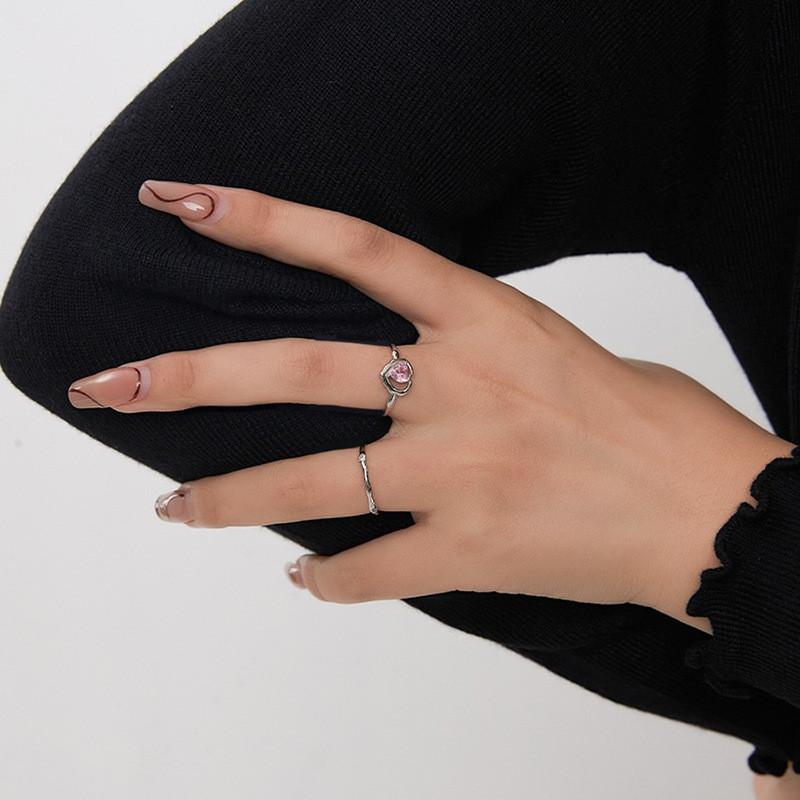 Exquisite Sweet Pink Zircon Open Adjustable Ring For Women Fashionable Trendy Design