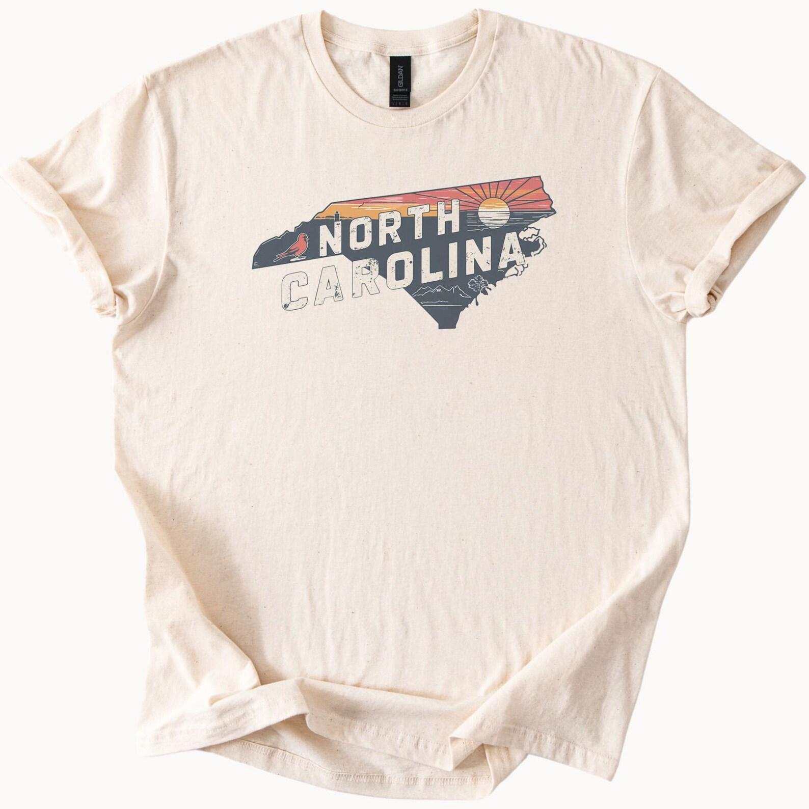North Carolina State Outline Graphic T Shirt with Sunset Mountains and Cardinal Bird Nature Design Soft Comfort Tee 120