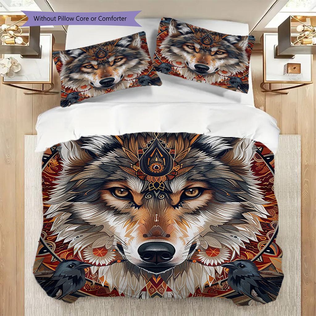 Primitive Wolf Pattern Bedding Quilt Set Quilt Cover Pillowcase Home Decoration Birthday Gift (1 * duvet cover + 2 * pillowcase, without core)